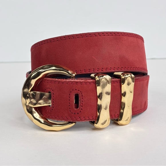 Express Red Suede Wide Retro Belt Curved Hammered Gold Buckle & Hardware Size M - Picture 13 of 13